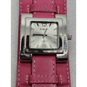 RUMOURS Pink Leather Art Deco Bund Band Cuff Strap Military Pilot Silver Watch